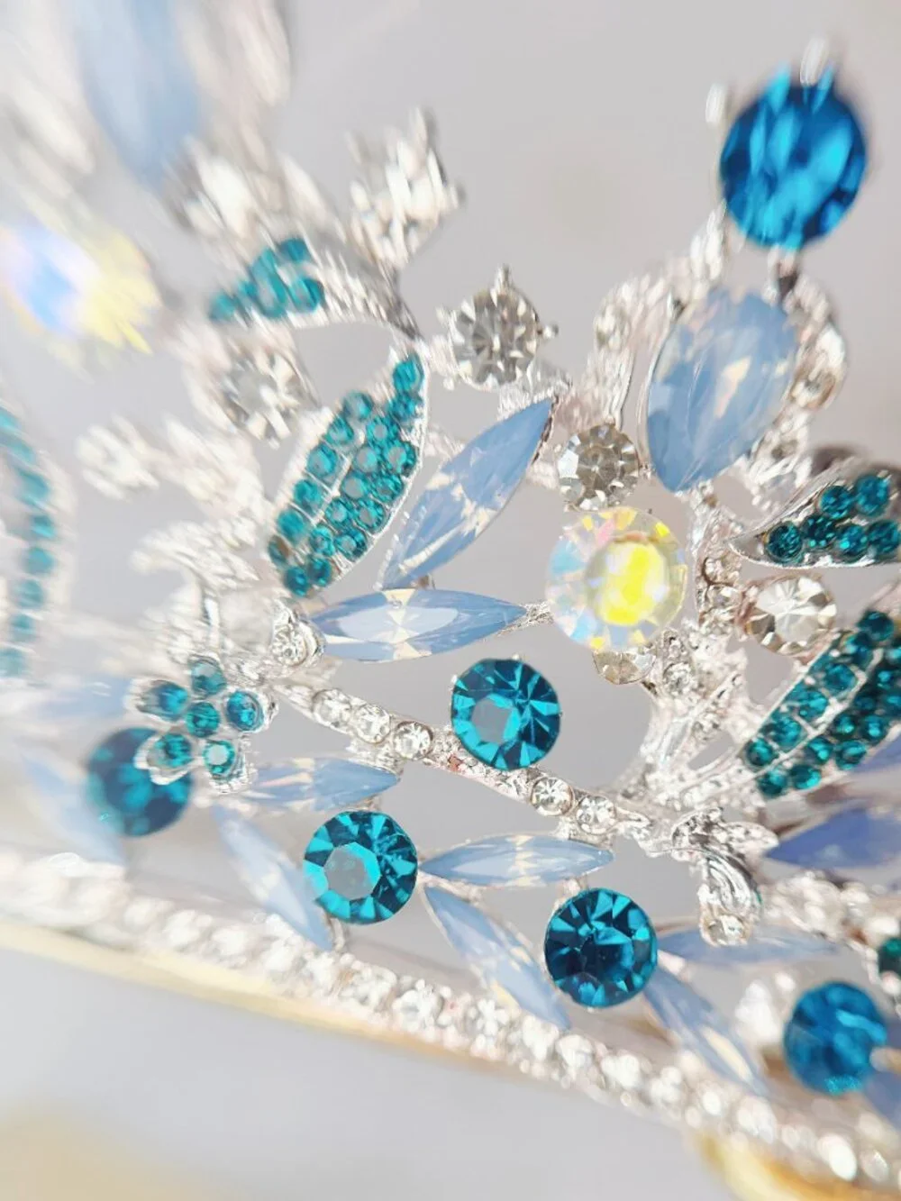 Blue Crystal Tiara Crown, Silver Crystal Bridal Wedding Pageant Prom Headpiece